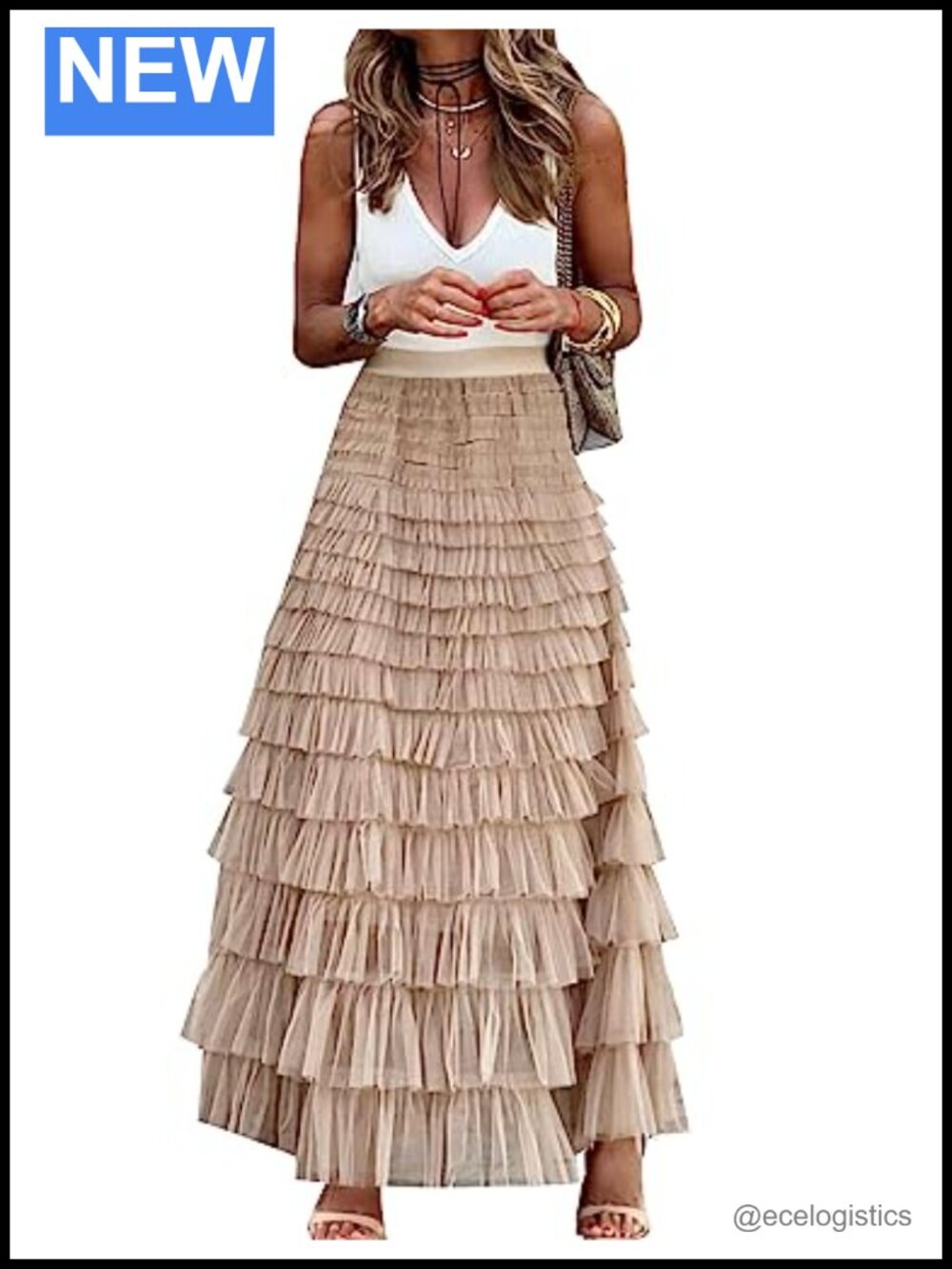 Women's Long Maxi Tulle Skirt A Line Ruffle Mesh High Waisted Tiered Layered